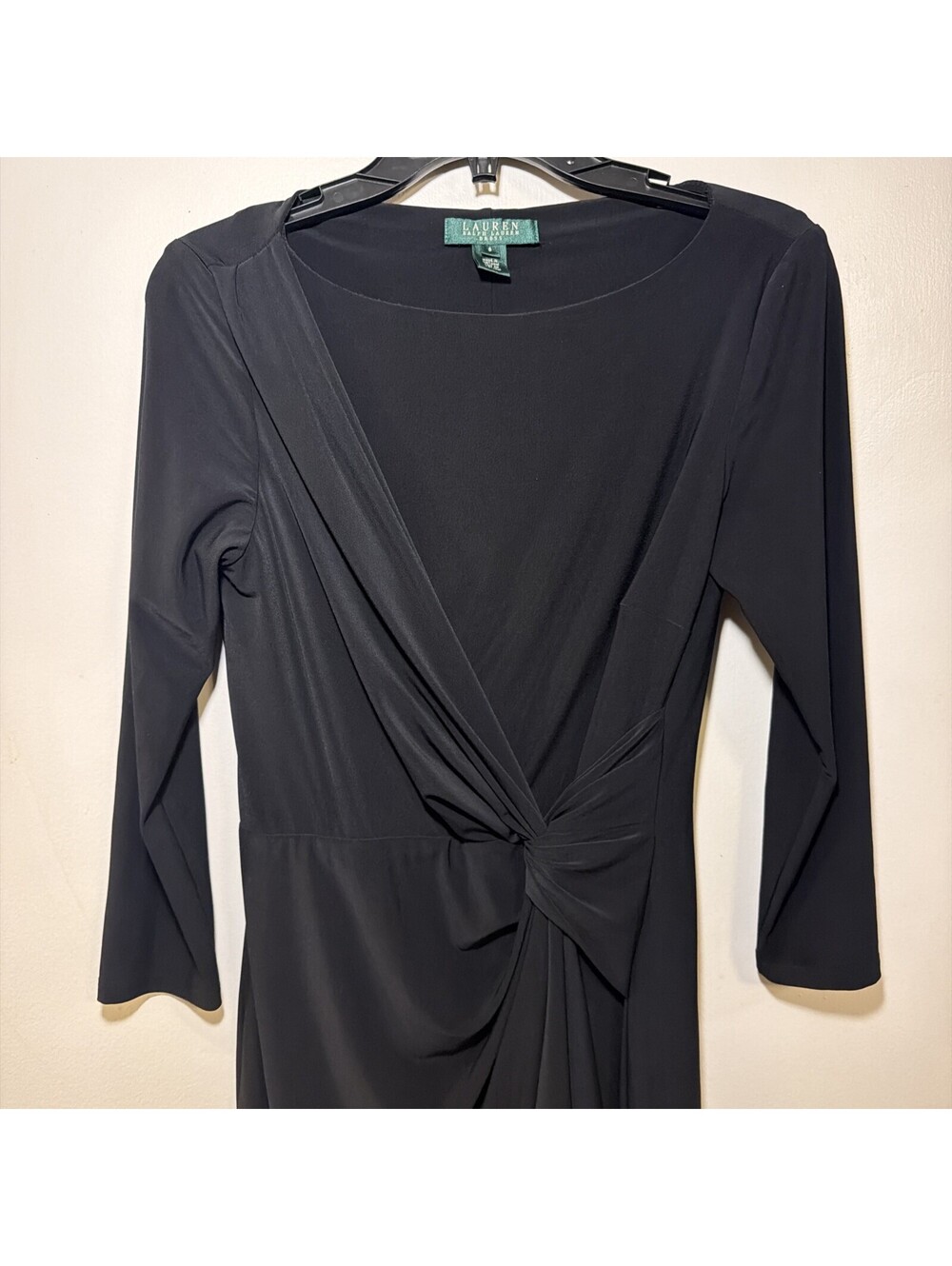 Ralph Lauren Black Faux Wrap Women's 3/4 Sleeve Dress Size 6